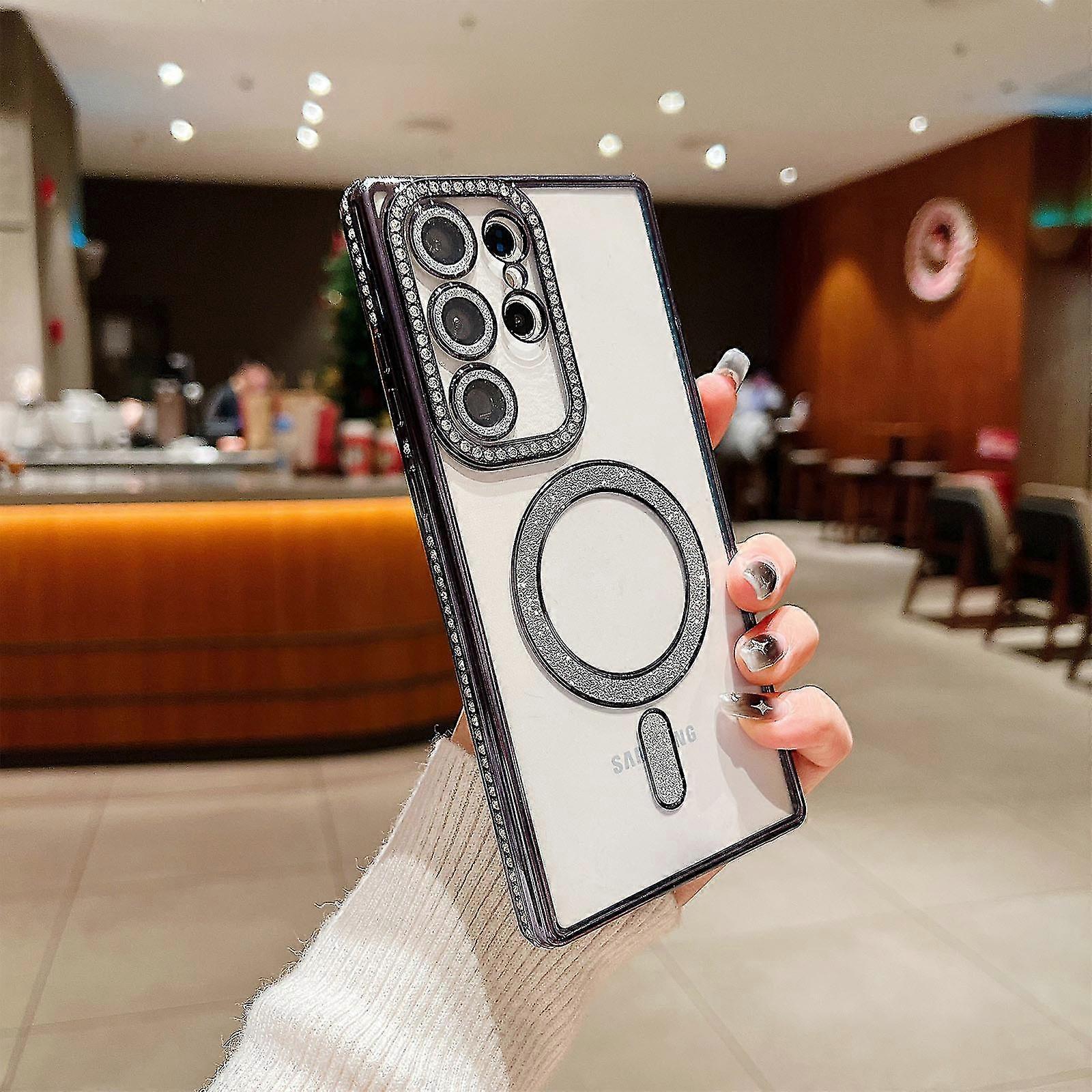 For Samsung Galaxy S24 Magnetic Case With Glitter Diamond Camera Protector, Luxury Plating Soft Bumper Clear Transparent Phone Case