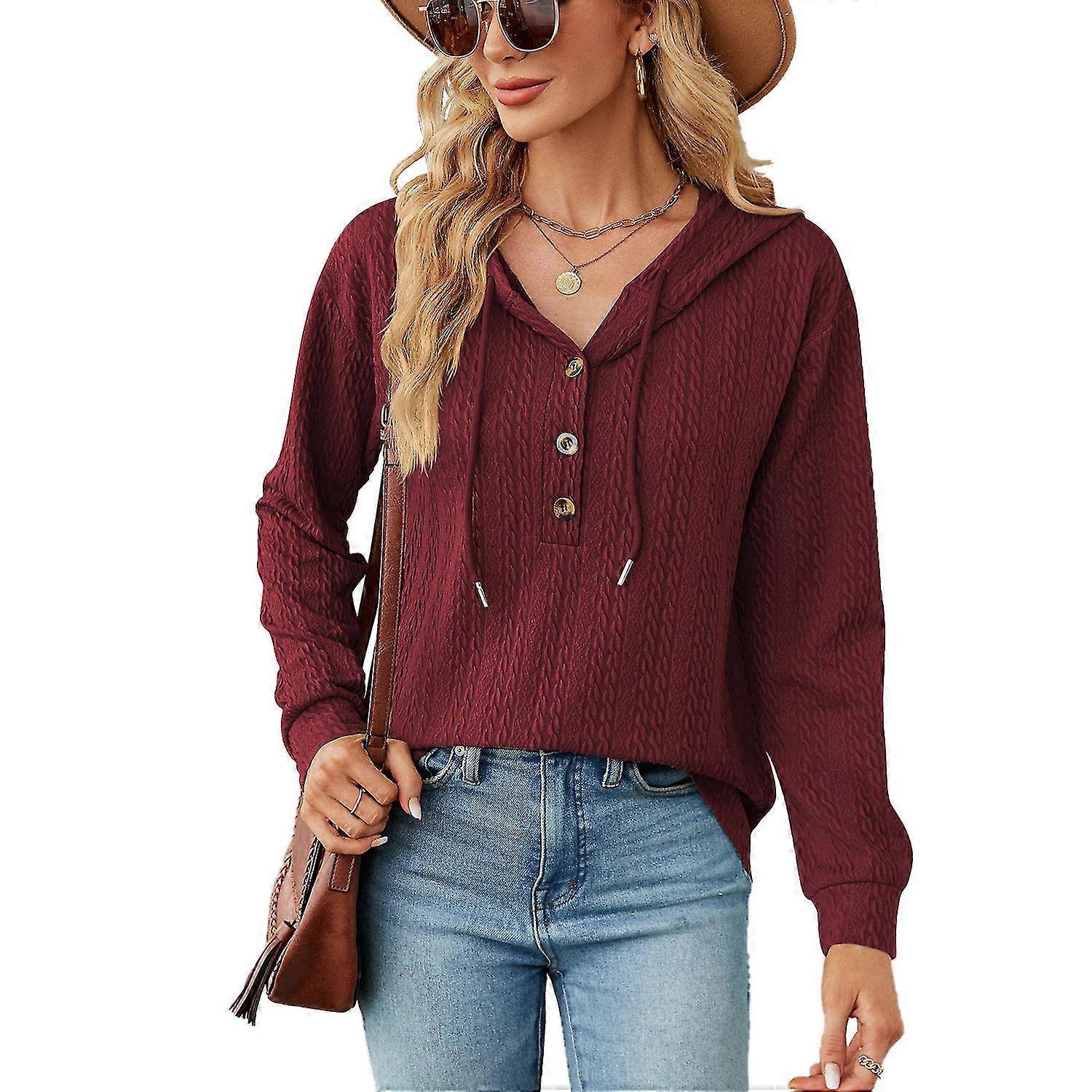 Autumn And Winter Pure Colour Fashion Retro Style Hooded Button Loose Casual Long Sleeve Sweatshirt Women's