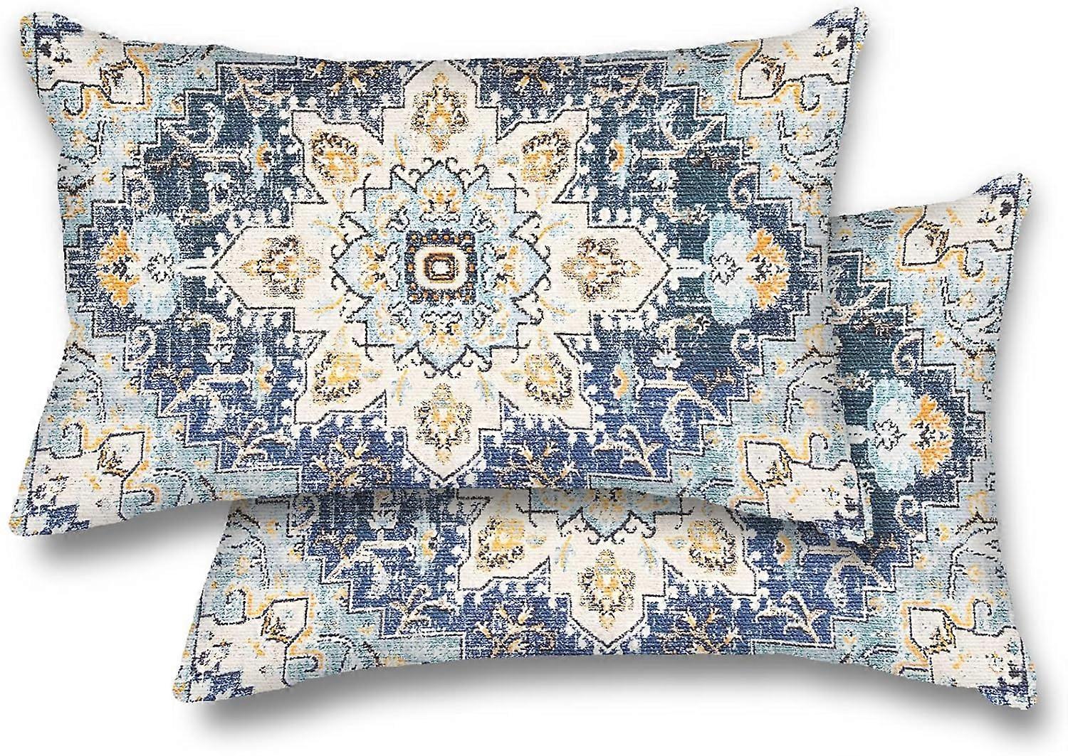 2Pcs motif ethnique bleu boho taie d’oreiller 12x20 pouces sud-ouest ferme housse de coussin Home Decor coton rectangle lin coussin housse de coussin Cov