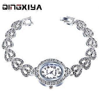 QINGXIYA Brand Luxury Women Gray Crystal  Watches Fashion Women Dress Wristwatch Ladies Antique Silver Quartz Watch