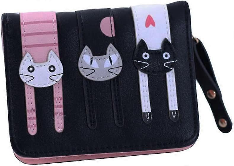Women's Leather Short Wallet with Zip Cartoon Cat Pattern