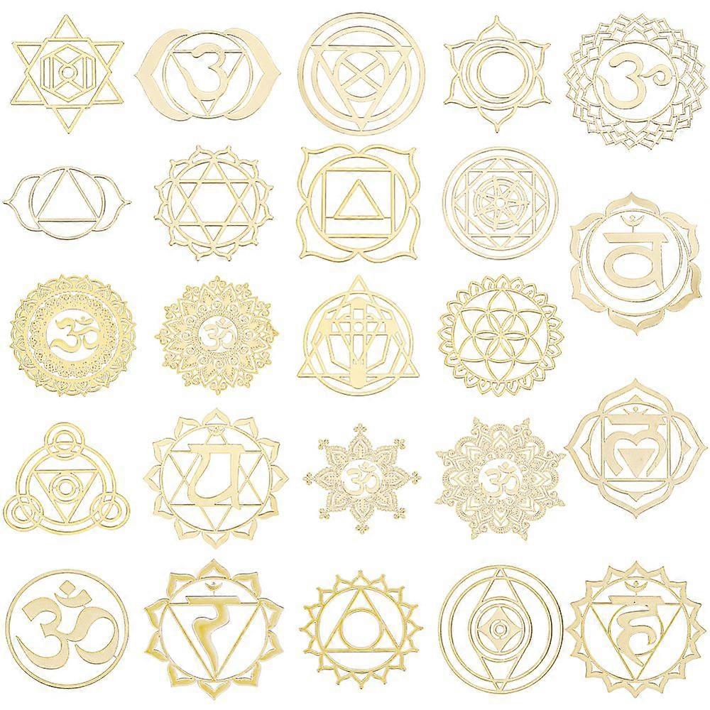 24Pcs 24 Styles Chakra Hollow Metal Stickers Brass Self-Adhesive Decals for DIY Scrapbooking Phone Decoration Golden Flower & Yoga & Geometric Pattern