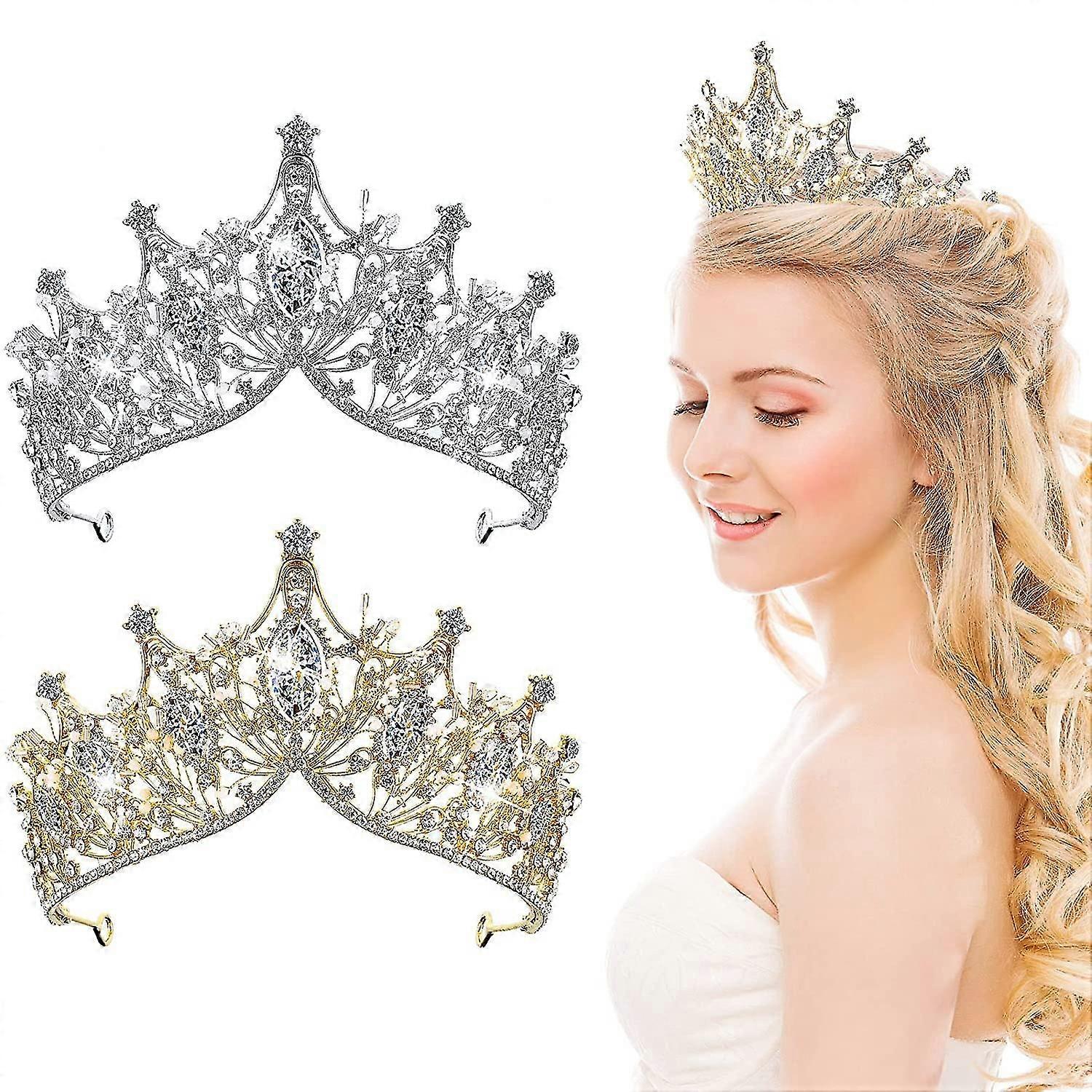 2 Pieces Baroque Queen Crown, Brides Bridesmaids Rhinestone 