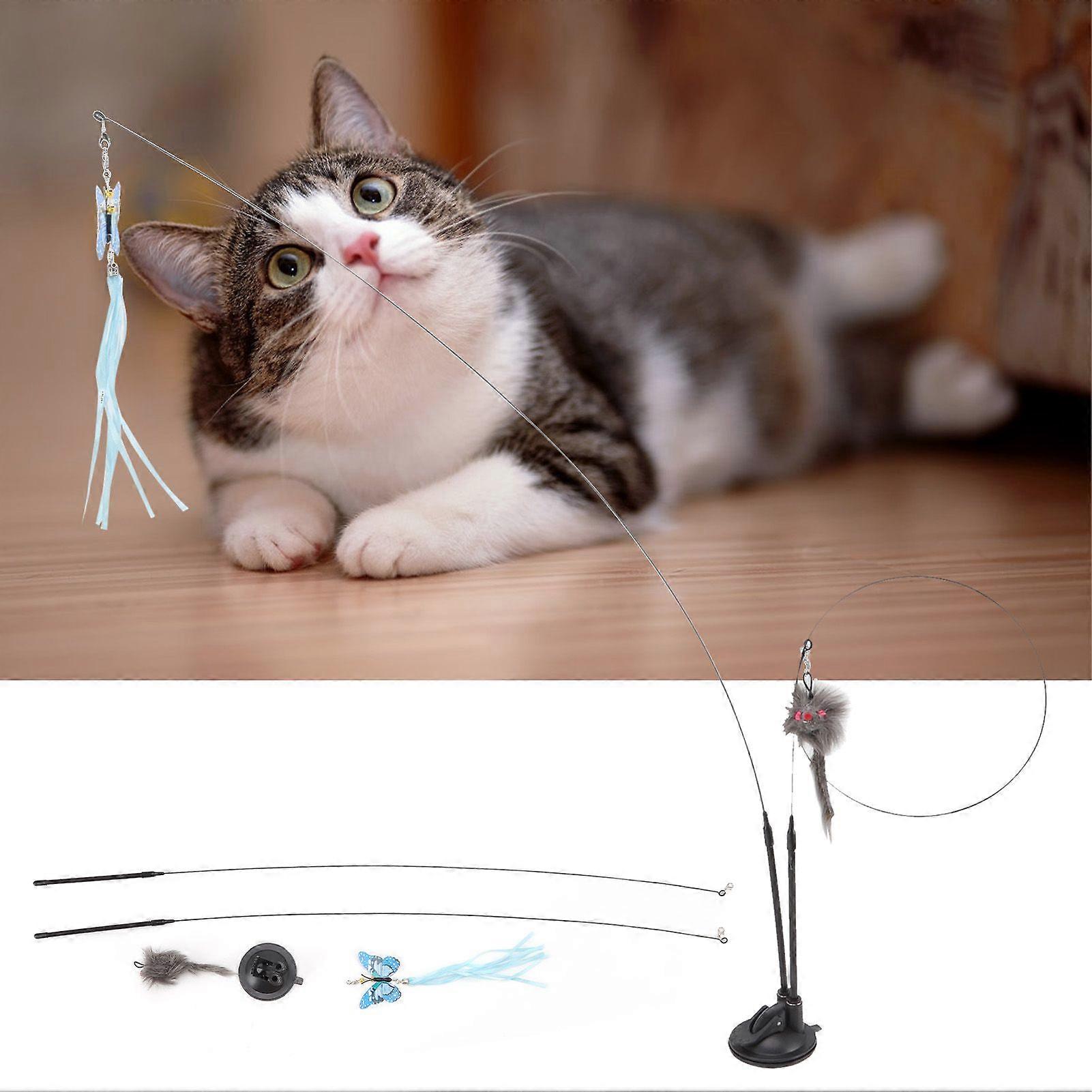 SSRGV Suction Cat Feather Wand Toy Double End Removable Steel Wire Interactive Cat Teaser Stick Toy for Indoor Blue Scalewing and Gray Mouse