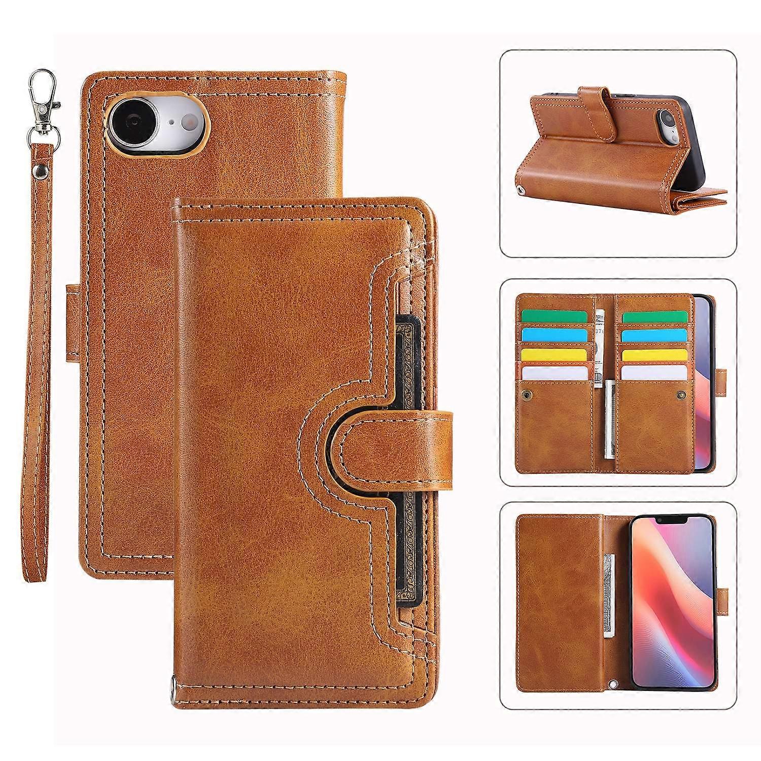For iPhone 16e Case Split Leather Magnetic Wallet Phone Protector with Wrist Strap