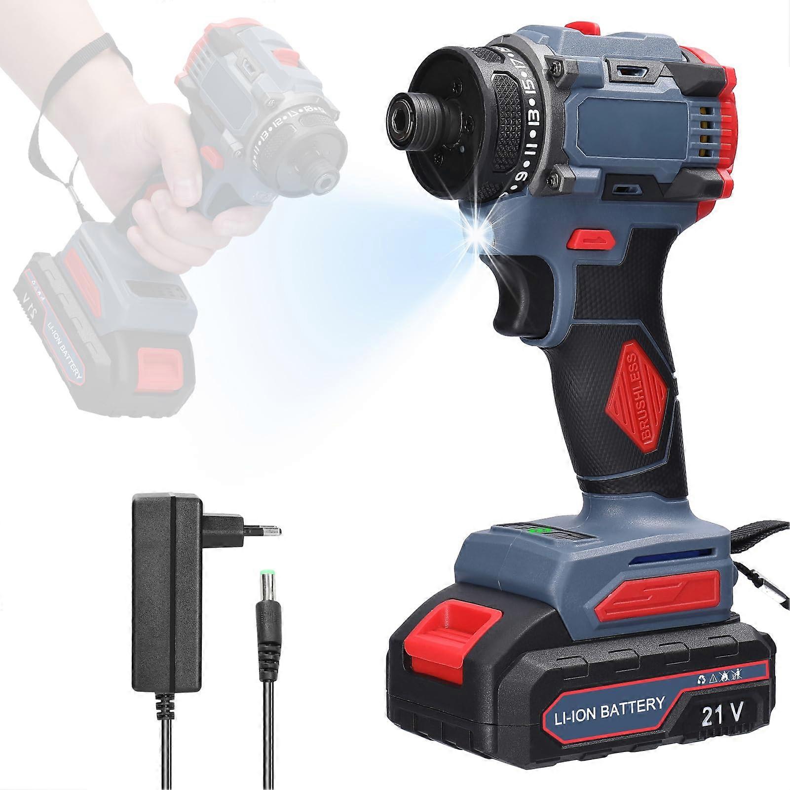 21 V Screwdriver, 55 Nm Brushless Motor, 2 Speed Modes, LED Light, Battery