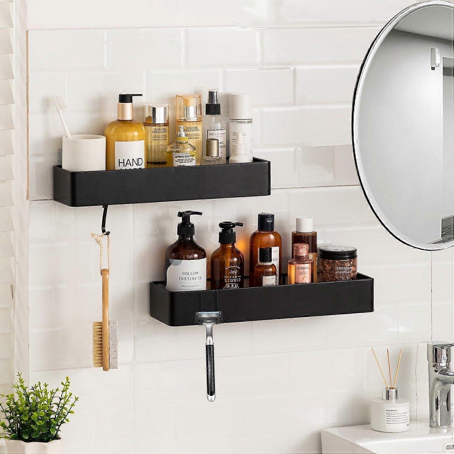 Wall Mounted Shower Shelf, Black, No Drilling Required, Self-Adhesive, With 4 Hooks, Quick Drying, 2 Pack Bulk