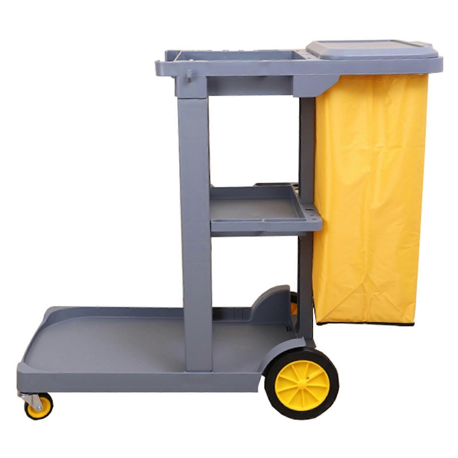 Chariot de nettoyage en plastique avec 3 étagères, sac de 25 gallons avec couvercle (gris)