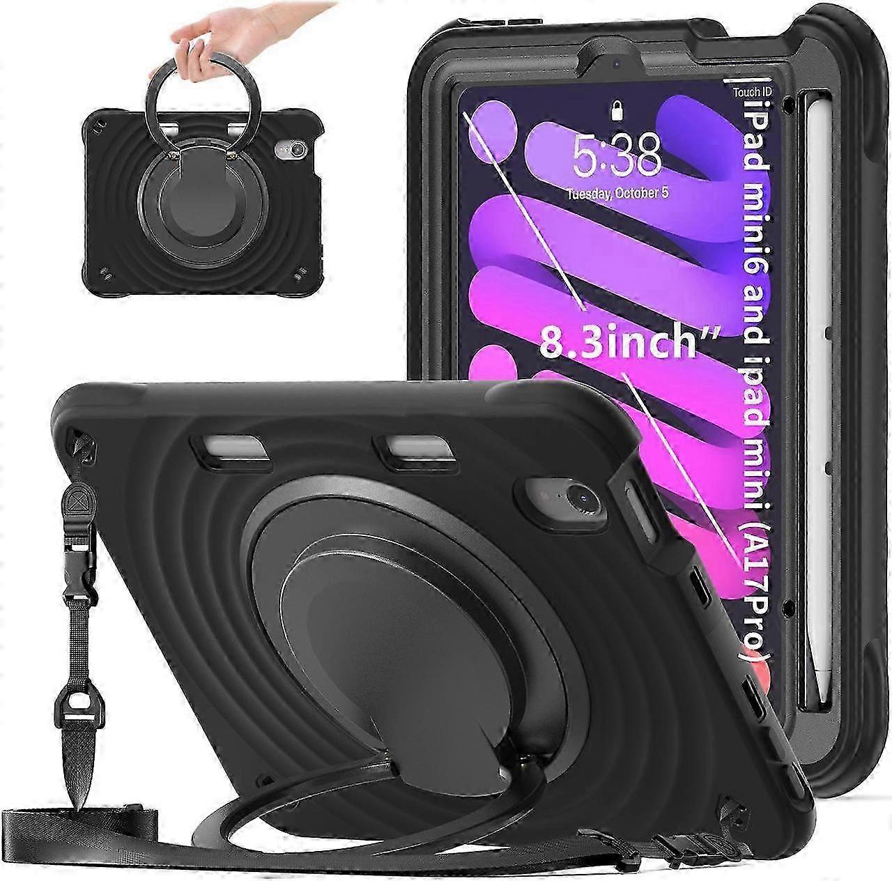 Shockproof Case for iPad Mini 7 (A17 Pro) 2024 / iPad Mini 6 8.3 inch 2021 Protective Cover with 360 Rotating Stand, Hand/Shoulder Strap, Pencil Holde