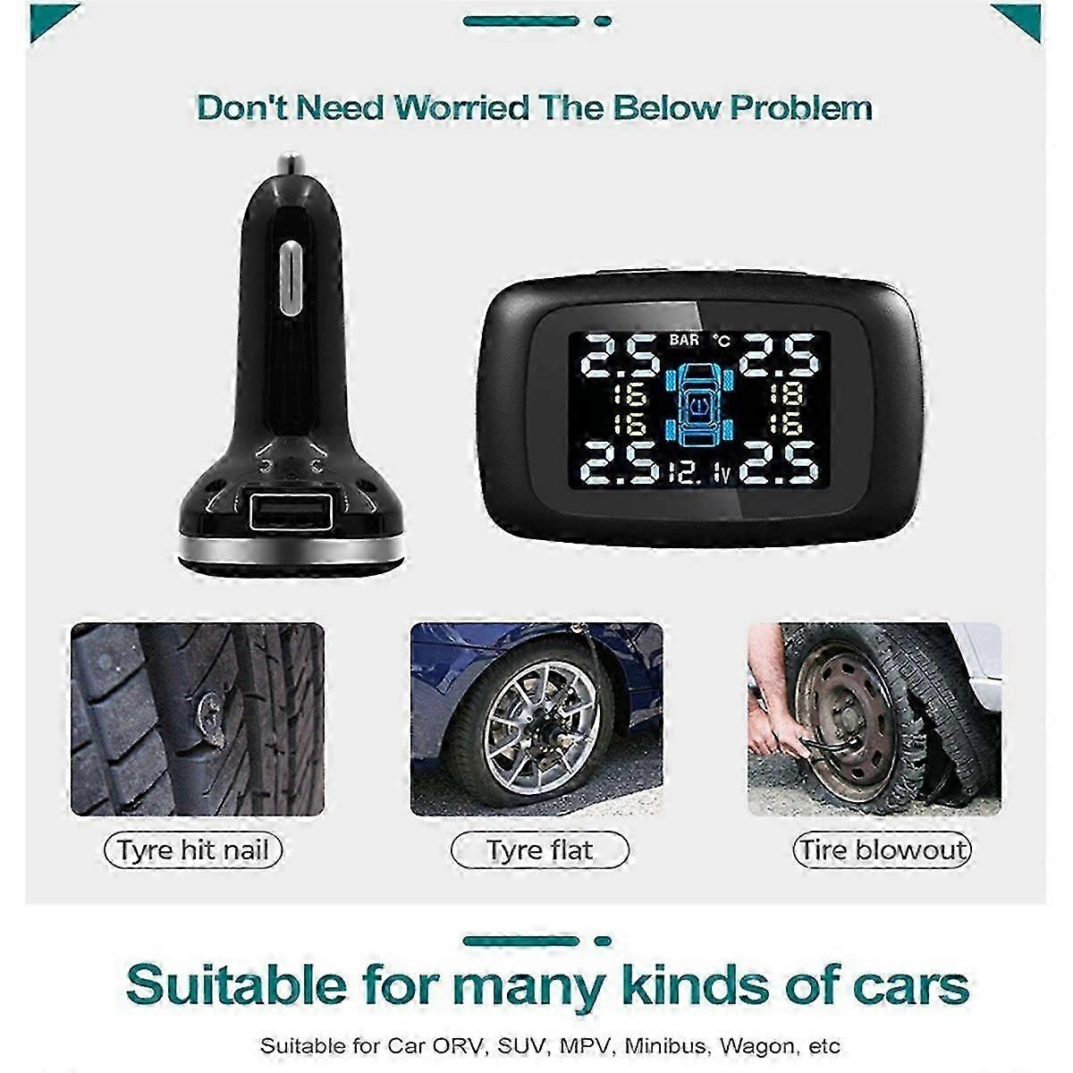 TPMS Car Charger Tpms Sensor Tire Pressure Monitoring System Auto Tire Air Pressure Security Alarm