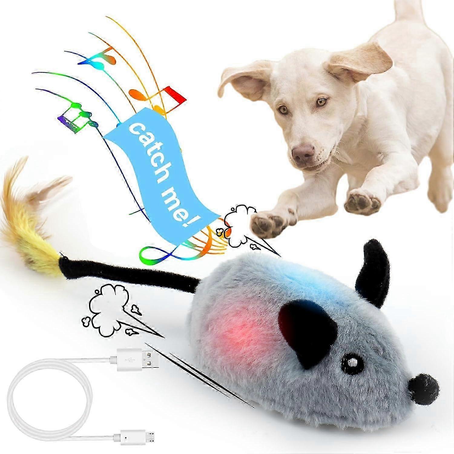 Interactive Dog Toys Mouse, Escaping Mice Squeaky Dog Toys with Lights & Auto-Turn, Rechargeable Mov