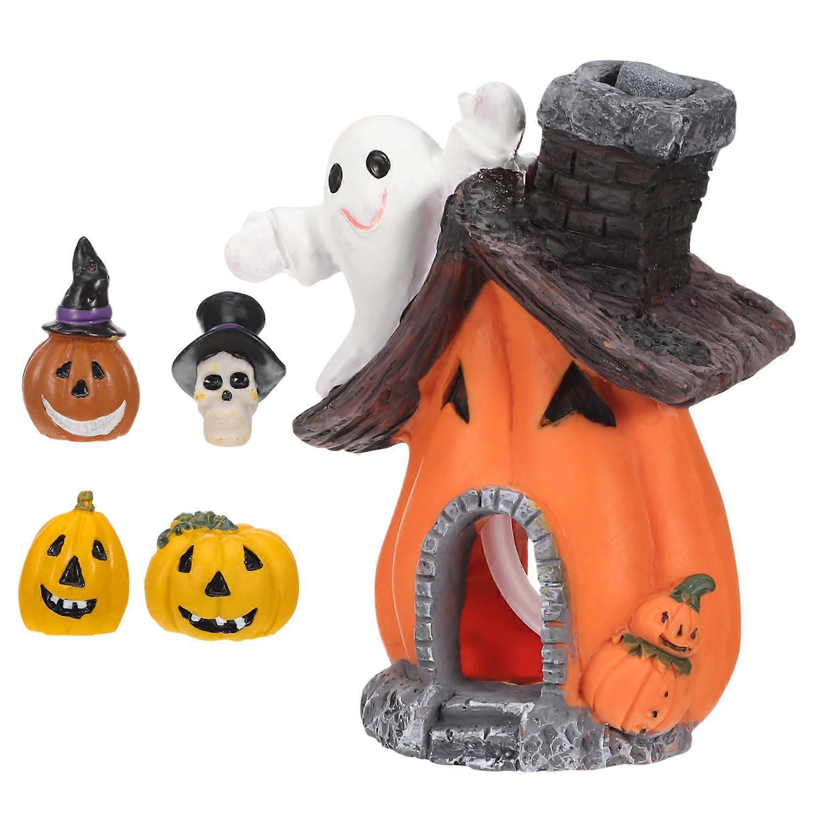 Aquarium Pumpkin Halloween Decorations - 5 Piece Resin Aquatic Ornament Set with LED Plants for Fish Tanks