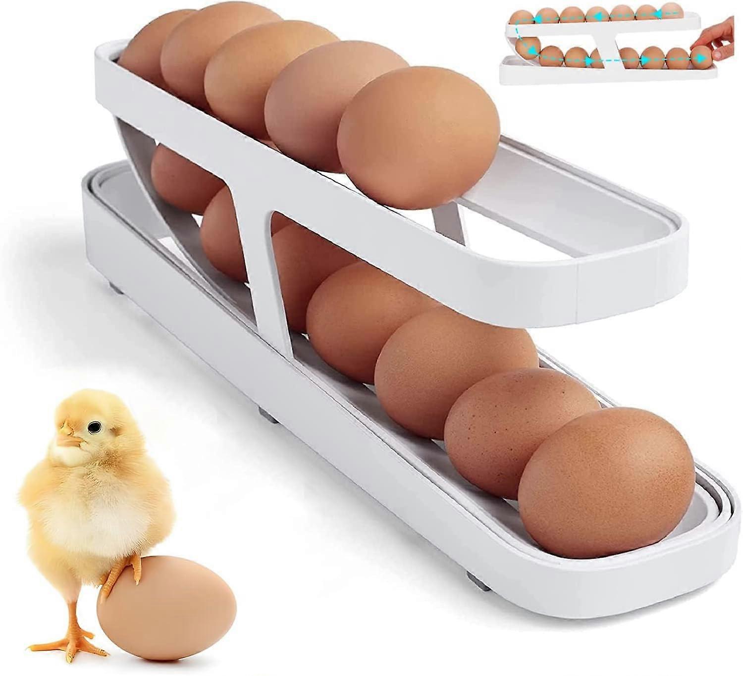 Egg Holder for Refrigerator, Automatic Rolling Egg Dispenser, Kitchen Egg Organizer Tray, Plastic Egg Storage Container