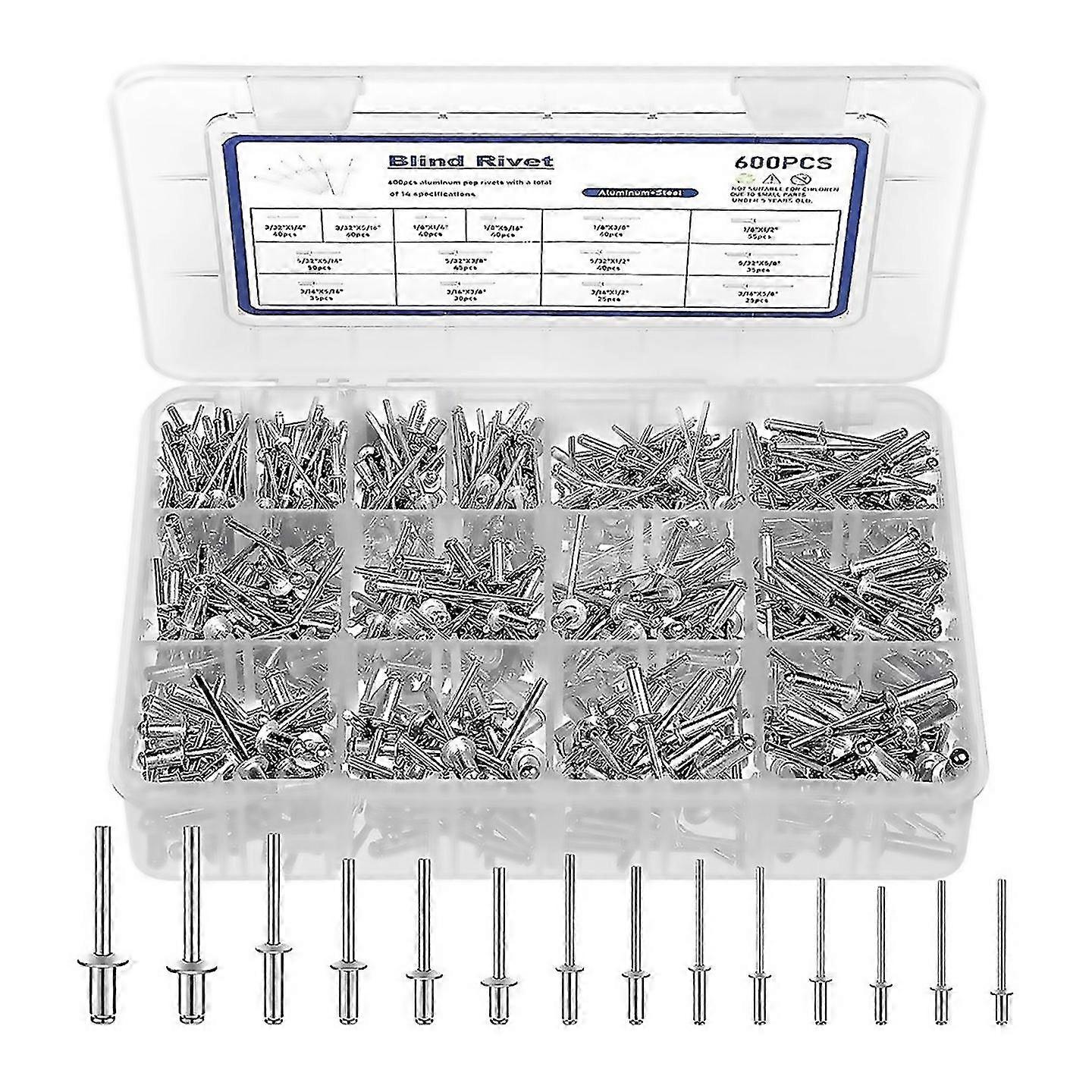 For 600 Pcs 14 Size Pop Rivets Assortment Kit Assorted Blind Rivets