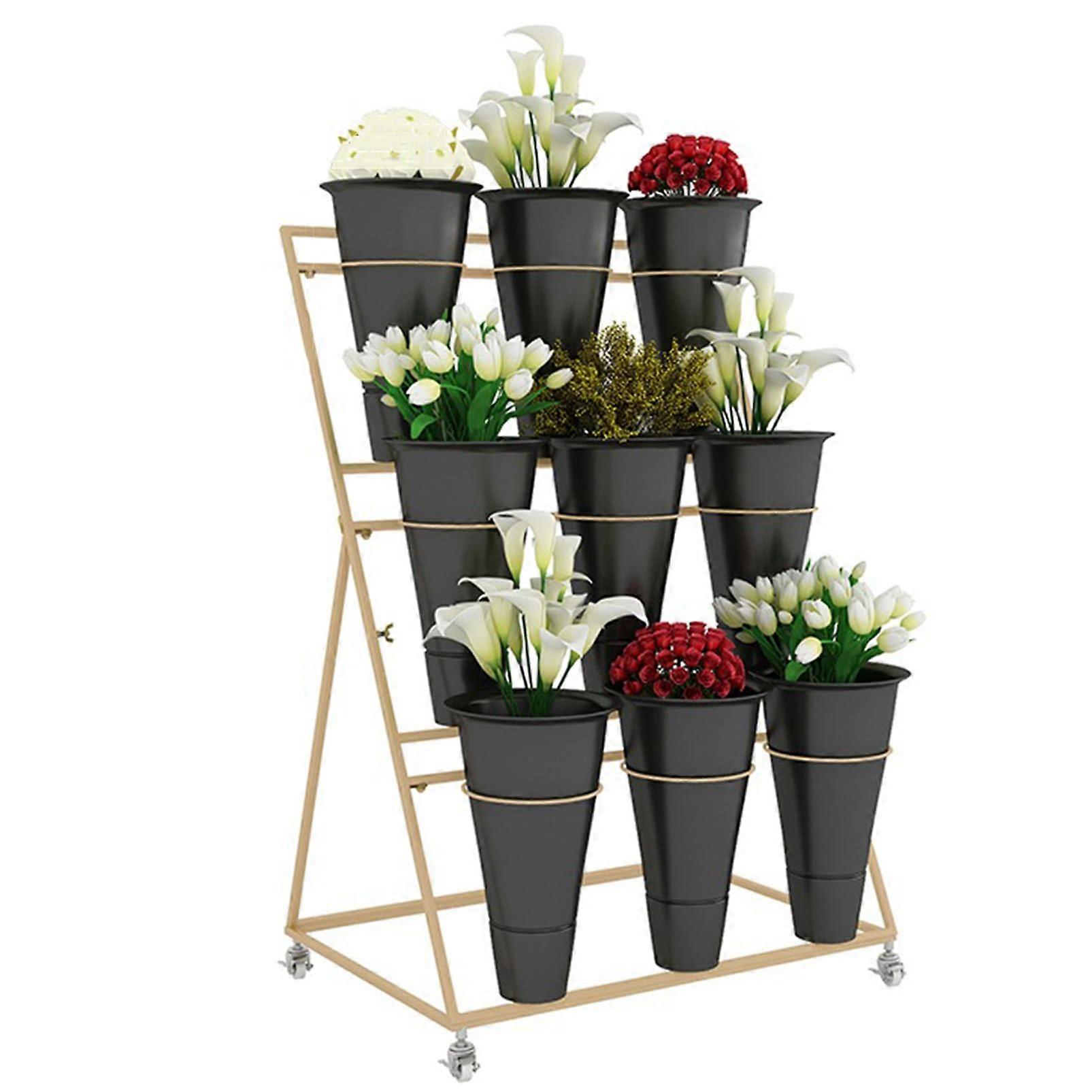 Flower stand S with flower buckets, movable plant cart shelf, cut flower container shelf, mobile bouquet stand made of metal