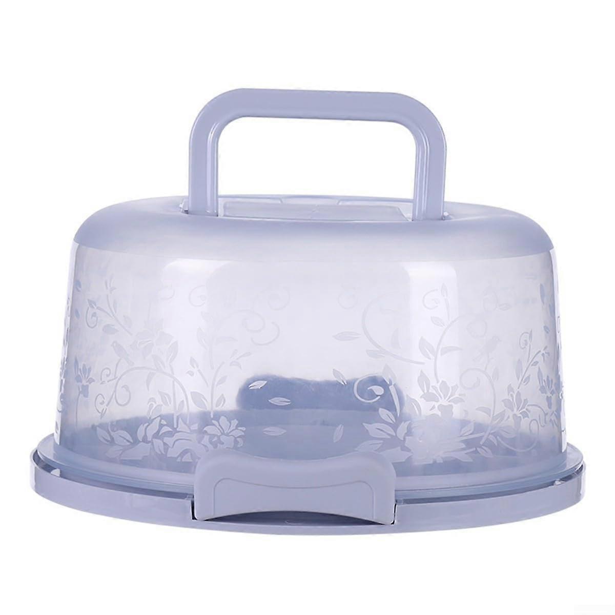 Round cake carrier with handle, lid, transparent and secure snap locks in blue.