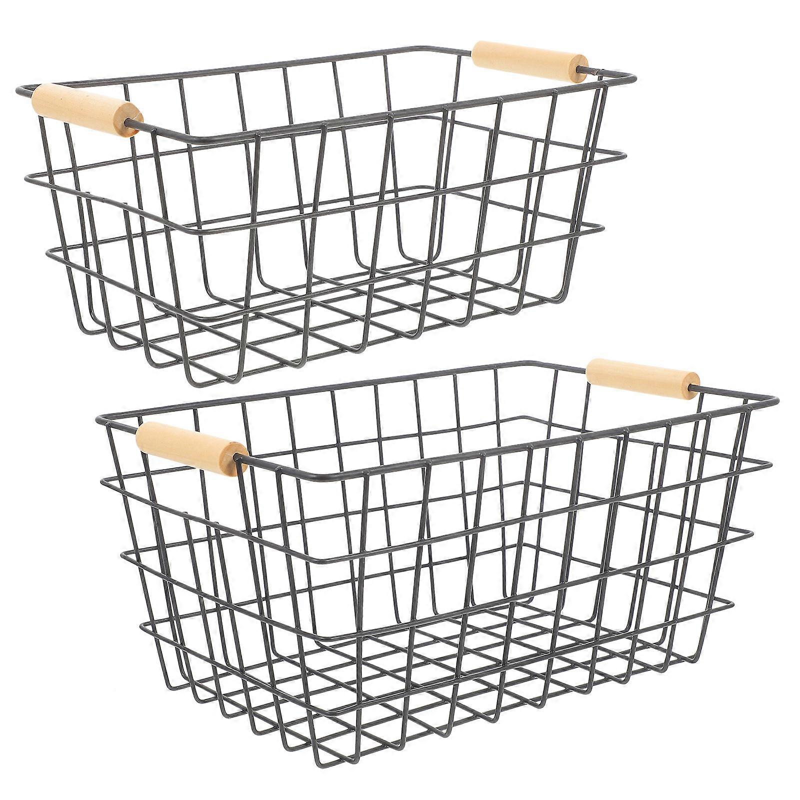 Metal Grid Storage Basket for Desktop Using Made of Iron with Handle Silver Color 2 Pcs