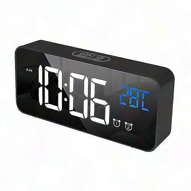 Digital Alarm Clock with Temperature Display, LED Electronic Clock with Optional Alarm Sounds for Bedroom & Office, Black (17.5x4x7.5cm)