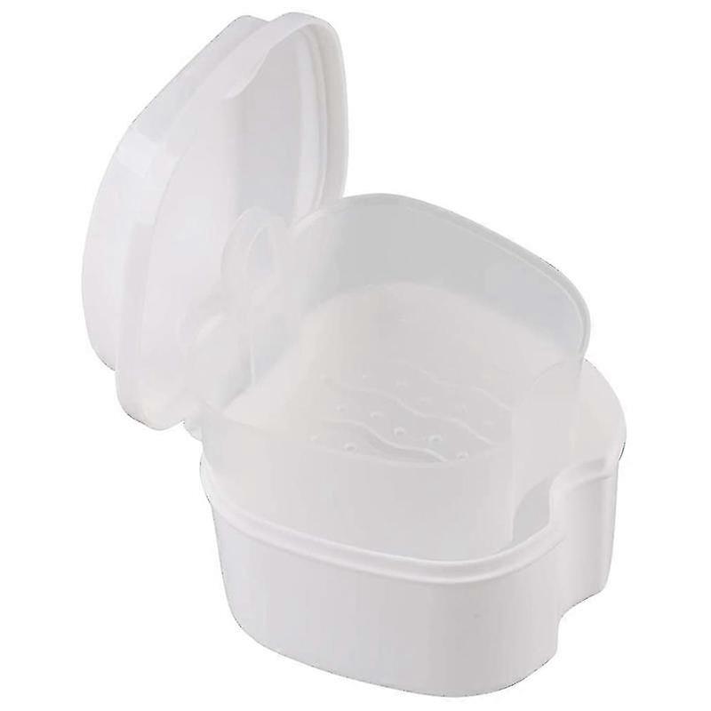 White Denture Case, Denture Cup with Strainer, Denture Bath Box False Teeth Storage Box with Basket Net Container Holder for Travel