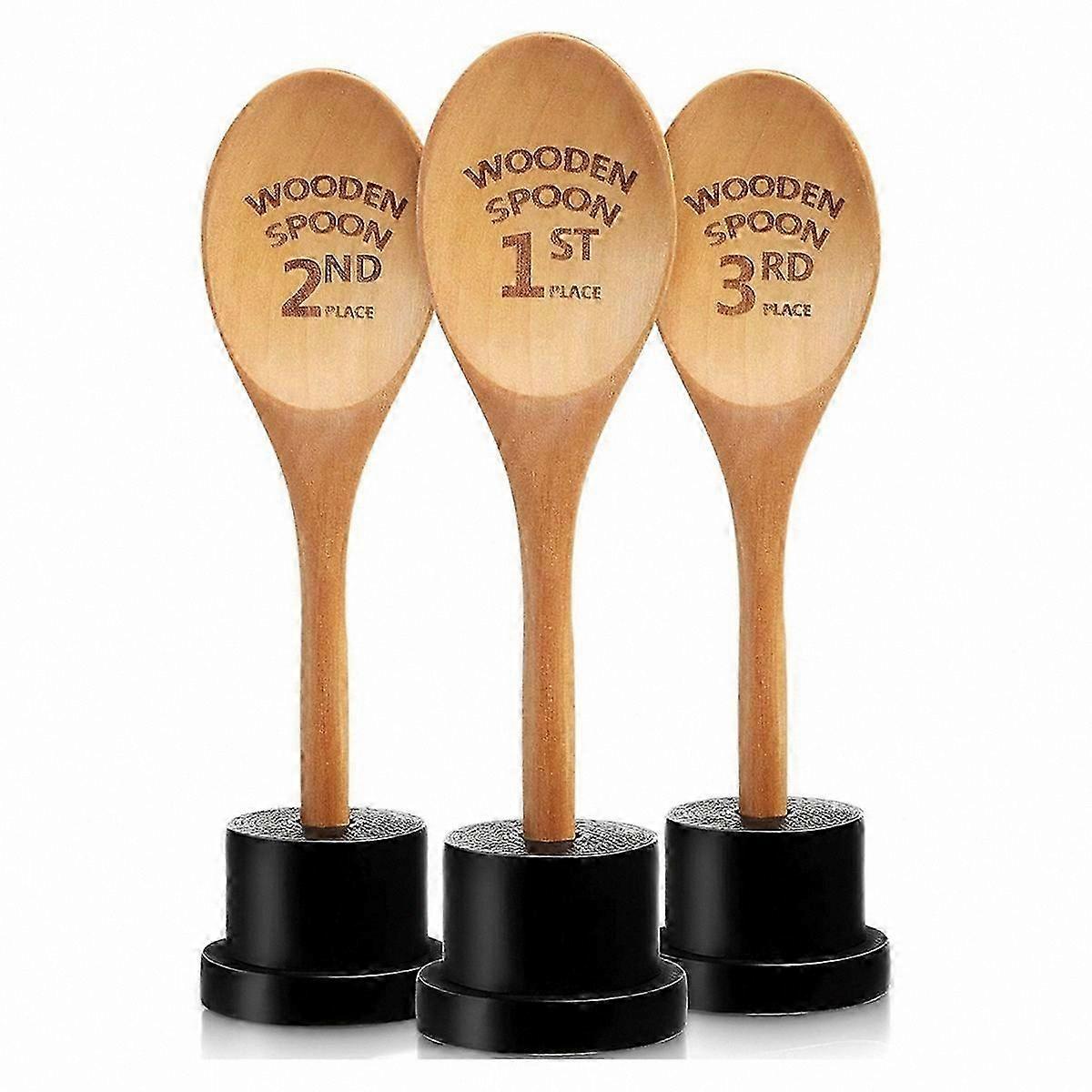 Wooden Chili Cook-Off Prize Set - 3 Engraved Spoons with Trophy Base for Cooking Contests