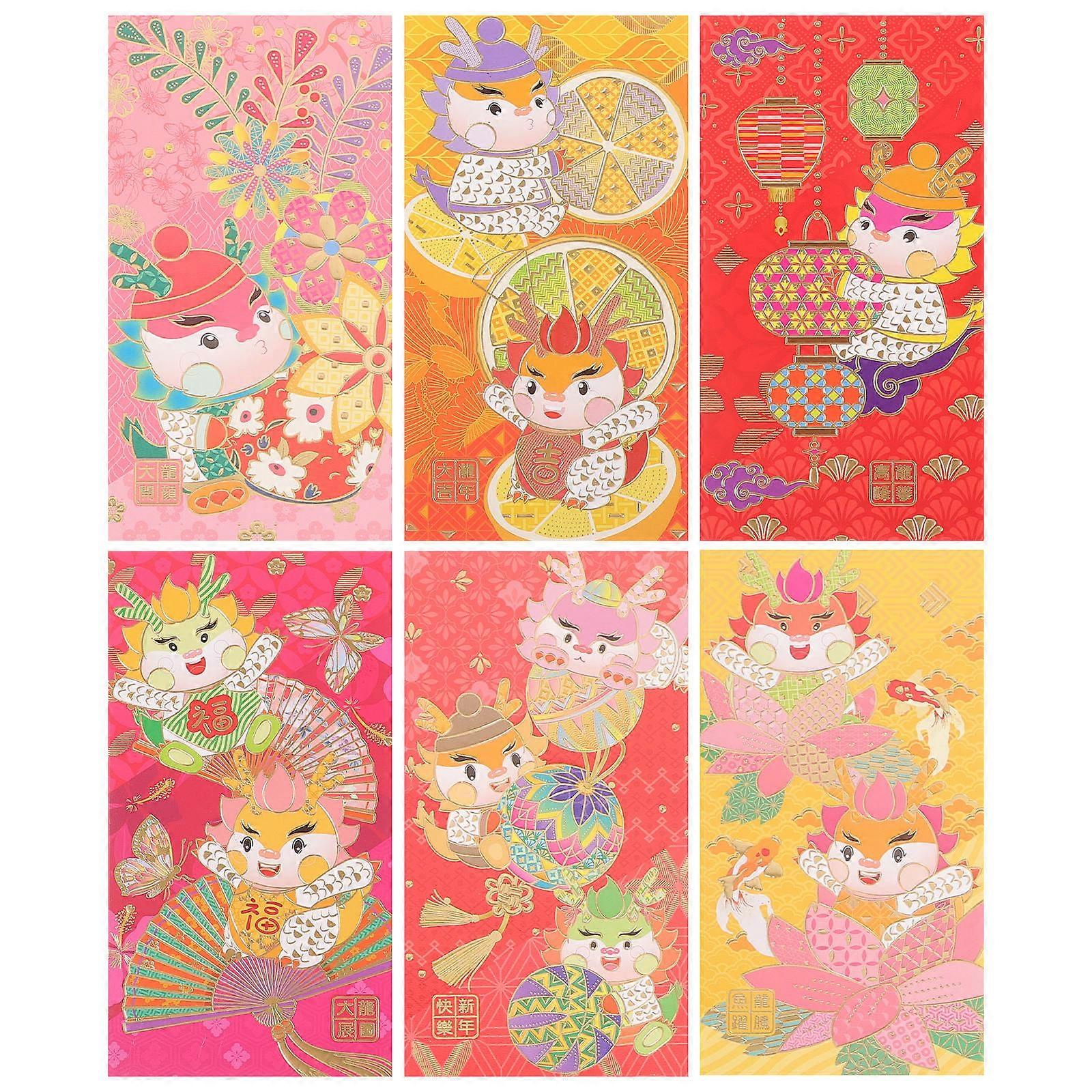 Traditional Chinese Red Envelopes Creative Design Rectangular Paper Lucky Money Bag For New Year 6Pcs