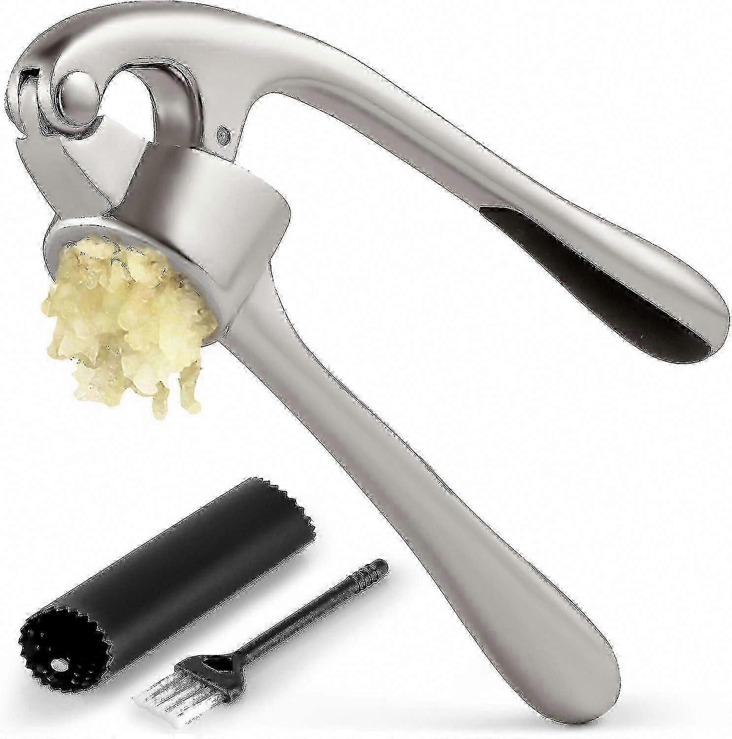 Premium Garlic Press with Soft Handle, Silicone Peeler & Cleaning Brush, 3-in-1 Mincing Tool Set, Durable & Sturdy for Easy Squeezing