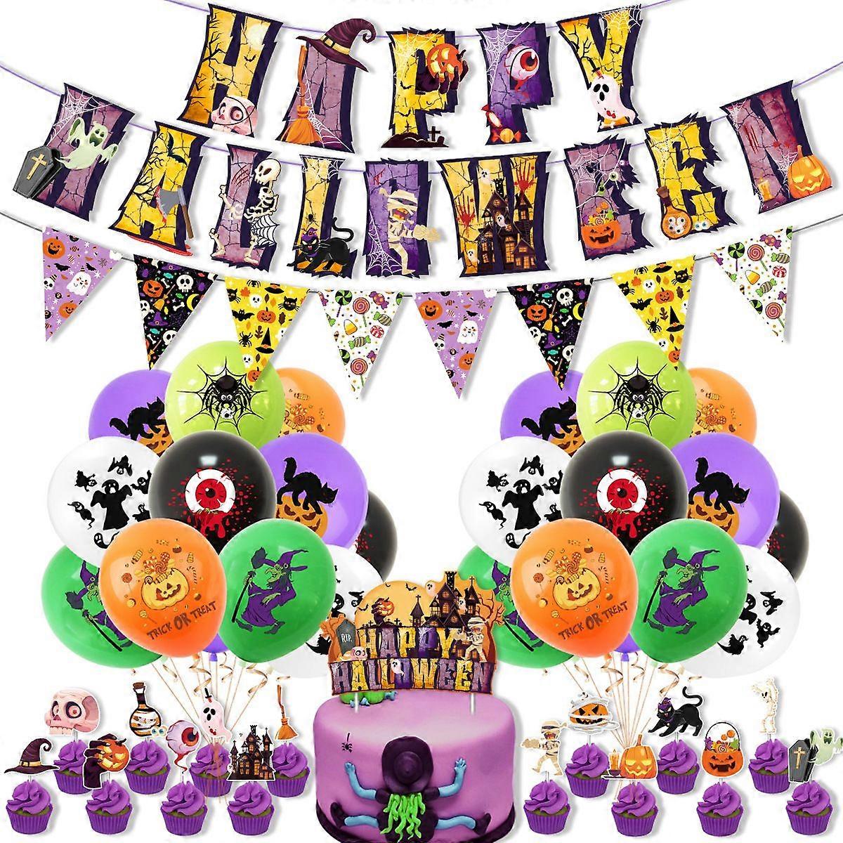 New Halloween Party Decoration Set with Party Banners, Cake Toppers, and Balloons for Setting the Scene