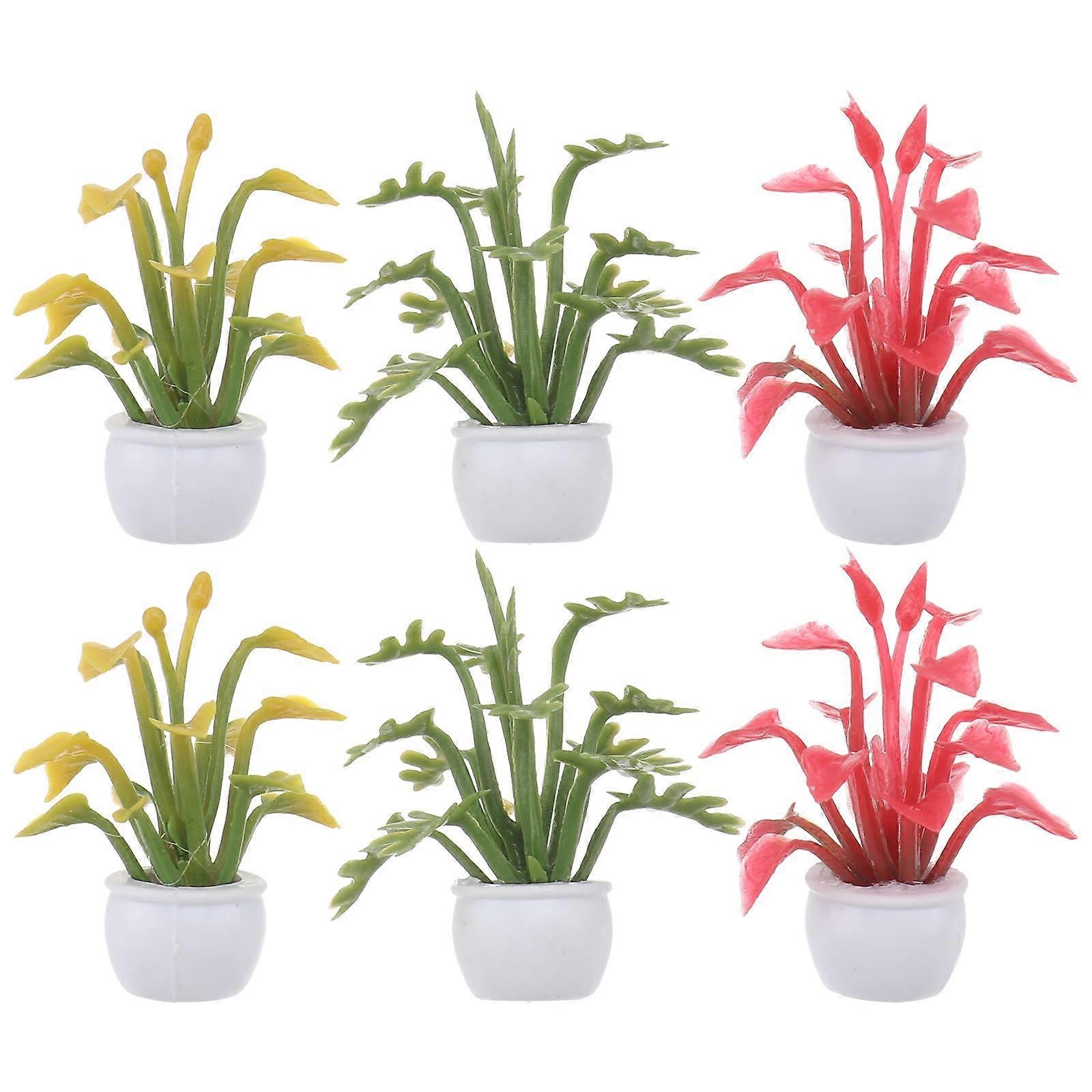 Miniature Potted Flower Model PVC Artificial Plants Assorted Color 2.3x1.3cm 6Set