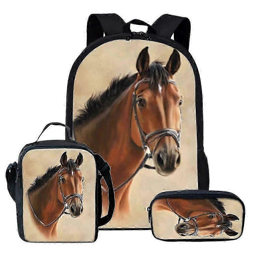 Vilda Hästar Design Ryggsäck med stor kapacitet 3st / set Skolväskor För Pojke Flicka Grundskoleelever Bokväska Mochila Escolar Lunchväska