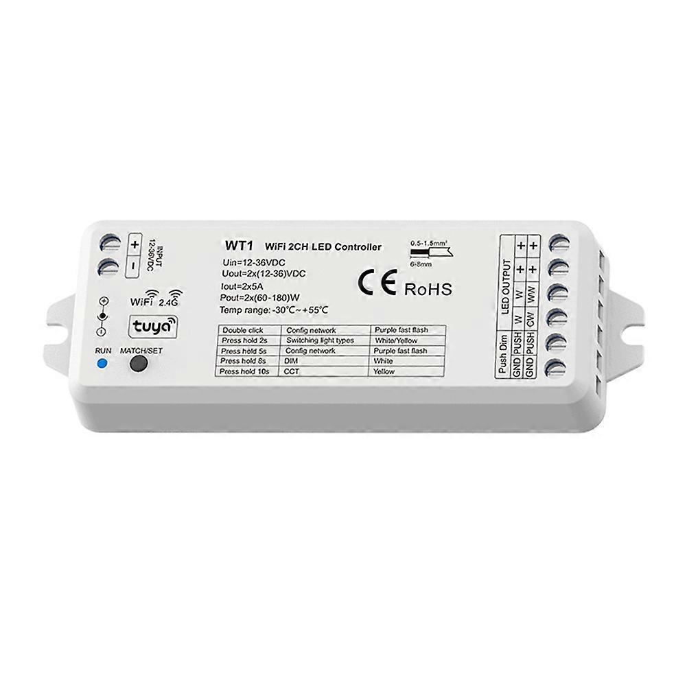 TUYA WifI WT1 LED Smart Dimmer 2CH 12V 24V 36V CCT LED Strip Dimming Controller Kit 2.4G Remote Control