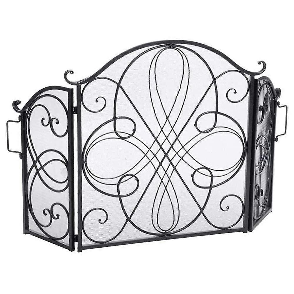 3 Panel Fireplace Screen with Decorative Scroll, Iron Mesh Spark Guard for Wood Burning