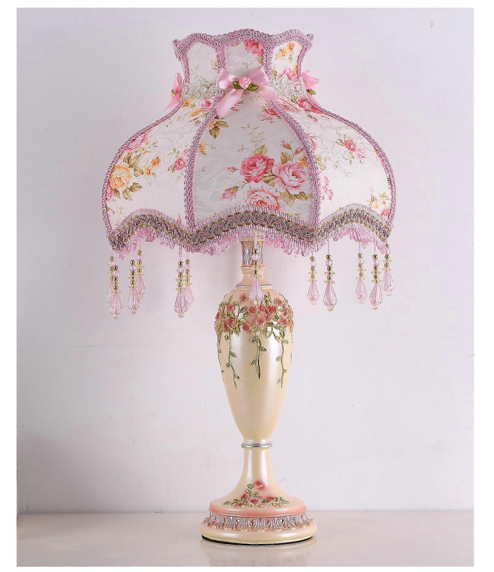 Victorian Table Lamp Pink Lace Shade Handmade Resin Base with Warm LED Bulb for Bedroom