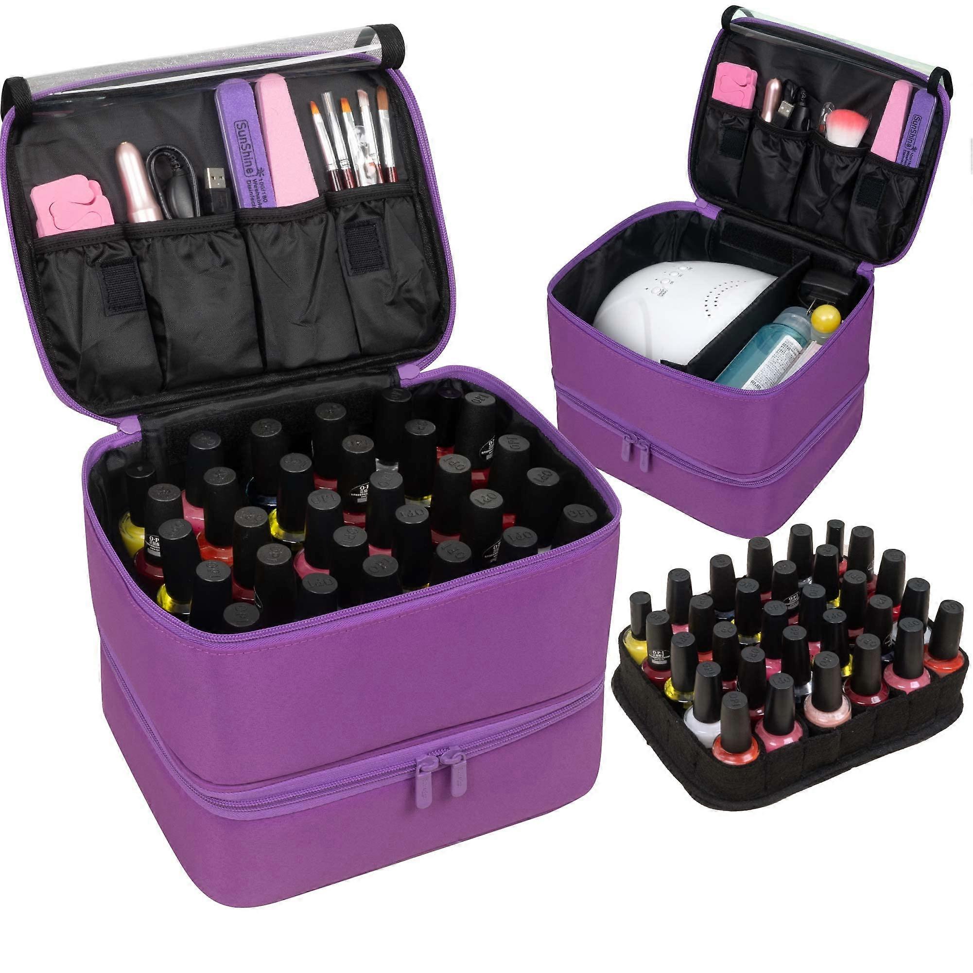Nail Polish Organizer Case for 60 Bottles, Double Layer Storage Bag with Adjustable Dividers, Light Purple