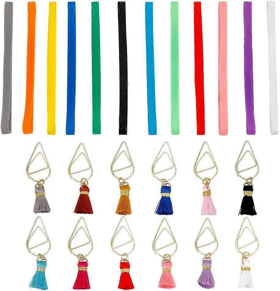 12 Sets Elastic Bookmarks Adjustable Planner Elastic Bands Silicone Bands Bookmark with Tassel Pendant Multicolor Book Strap with Paper Clips for Offi