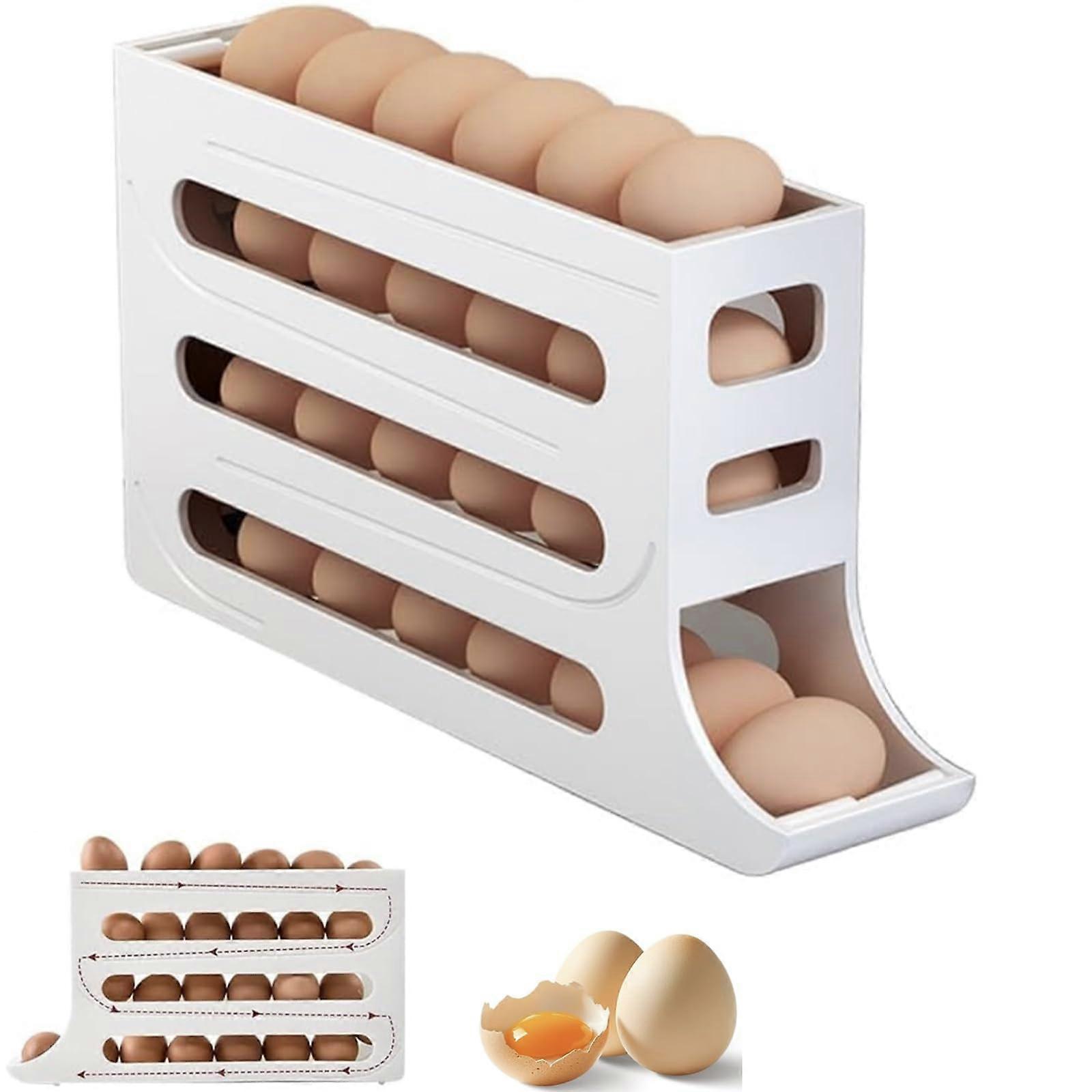 Egg Holder for Refrigerator, 30 Egg Tray with Auto Rolling Dispenser, 4Tier Storage Rack, White 2 Pack