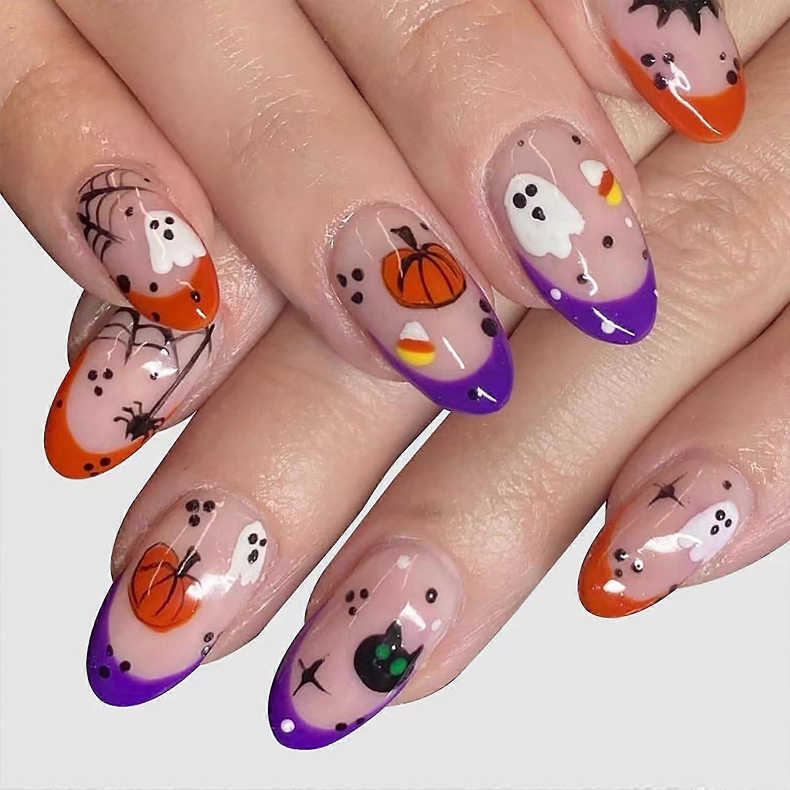 Halloween Press On Nails Medium Almond Black Cat Spider Web Design Reusable False Nails 24Pcs