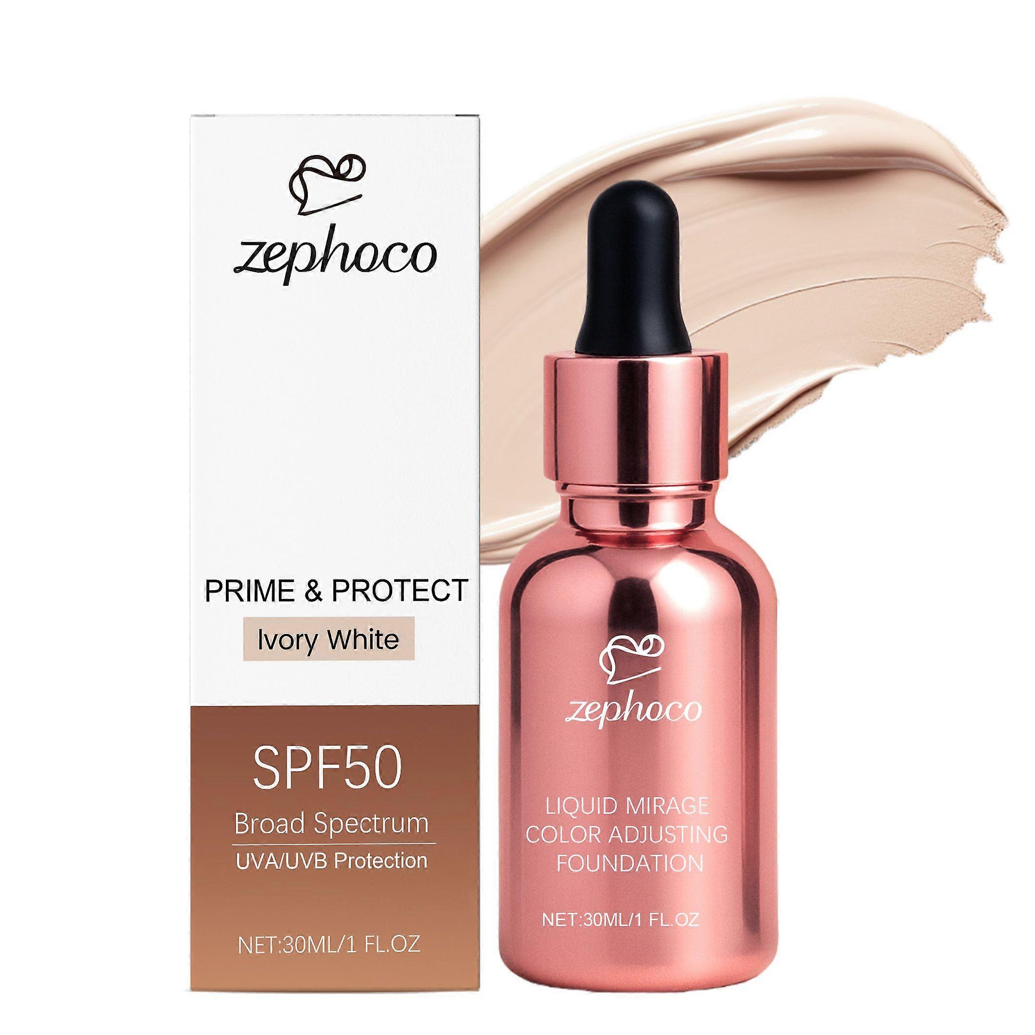 Zephoco Ivory White Protective Color-Changing Foundation Liquid, Lightweight, Comfortable, Moisturizing, Sheer, Natural, Long-Lasting Makeup