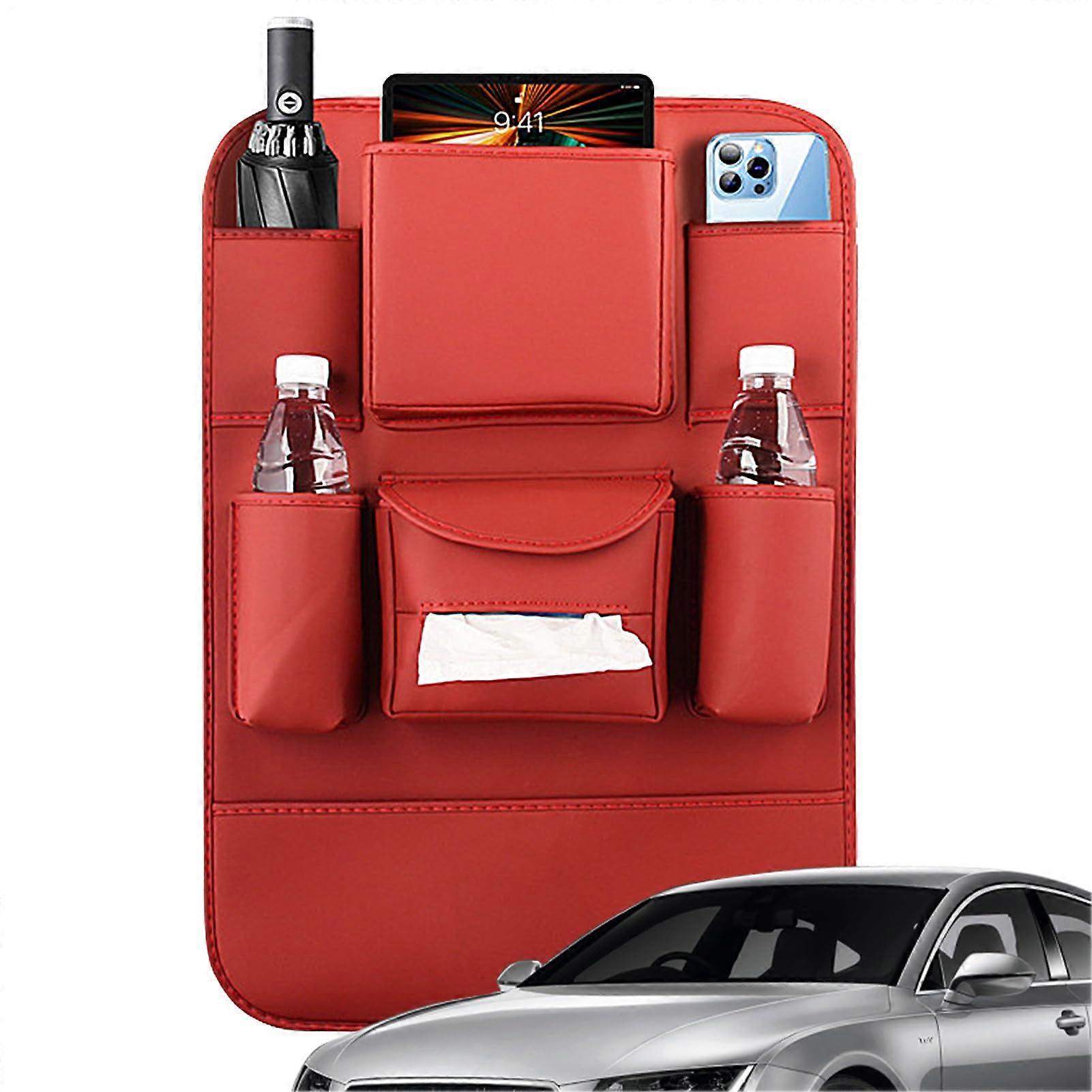 Leather Car Back Seat Organizer with Multiple Compartments, Kick Mats Protector, Red for Trucks