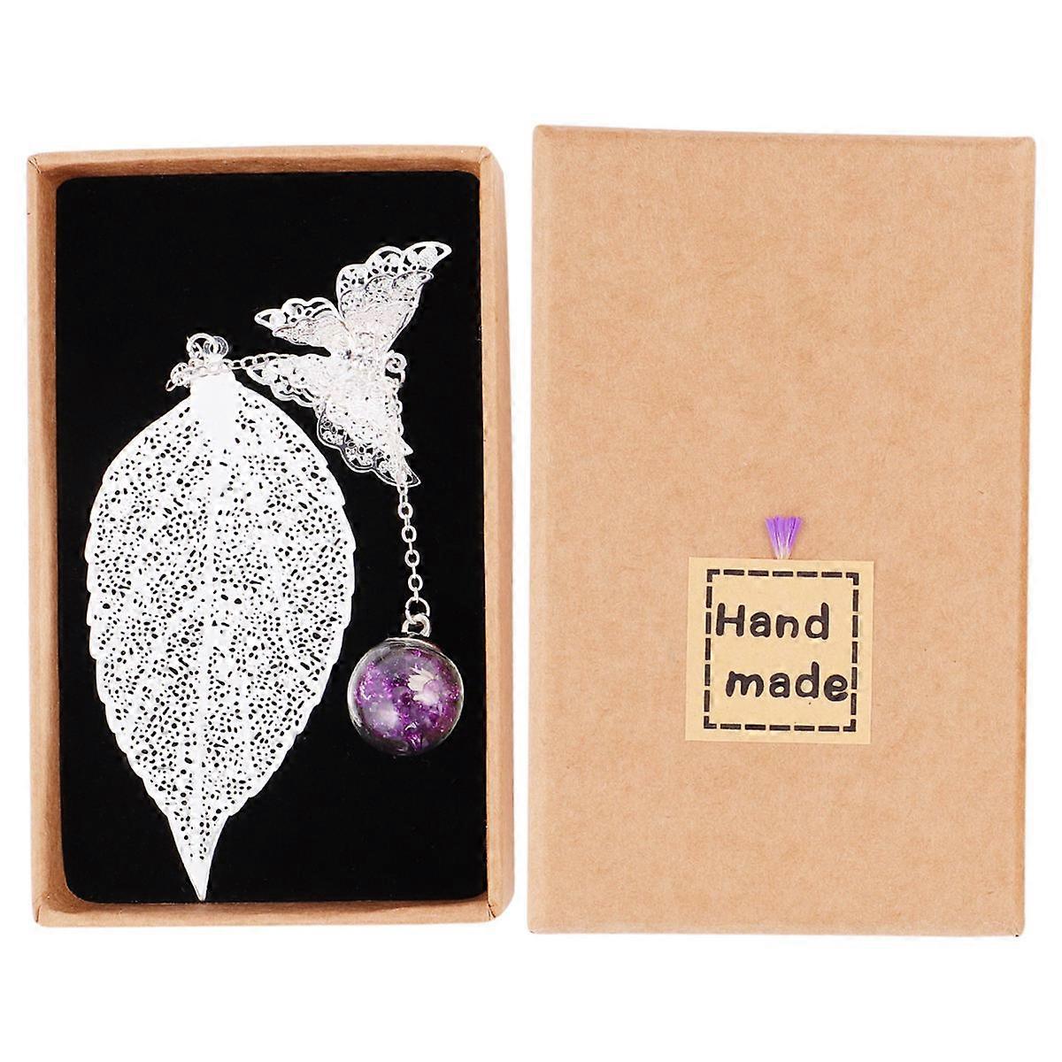 Boxed Leaf Shaped Dry Flower Bookmark for Note Marking Copper Purple