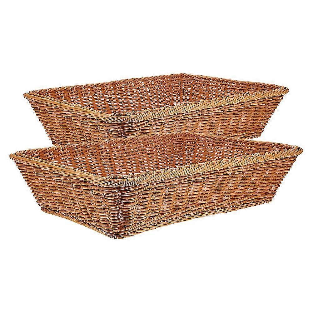 Fruit Basket Woven Tray for Storage Use 2Pcs Rectangle Light Brown
