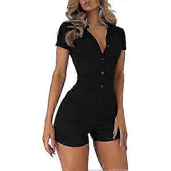 Women's Summer Rompers Ribbed Knit Button Front Short Jumpsuits