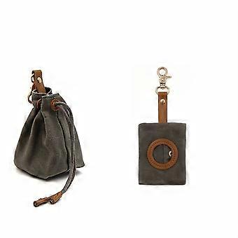 2-Piece Pet Feeding Pouch and Poop Bag Dispenser Set, Drawstring Sealable Canvas Storage with Card Holder, Portable for Dog Walks
