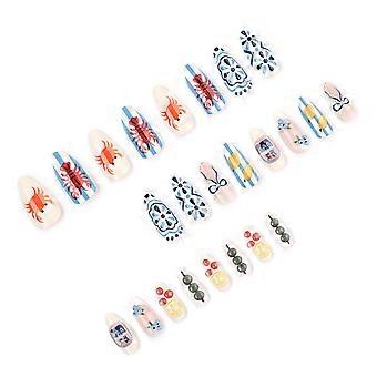 Travel Manicure Set Press On Nail, Blue and White Fruit Bows Art, Glossy Finish,Fake Nail Daily Styles Changes Multicolor
