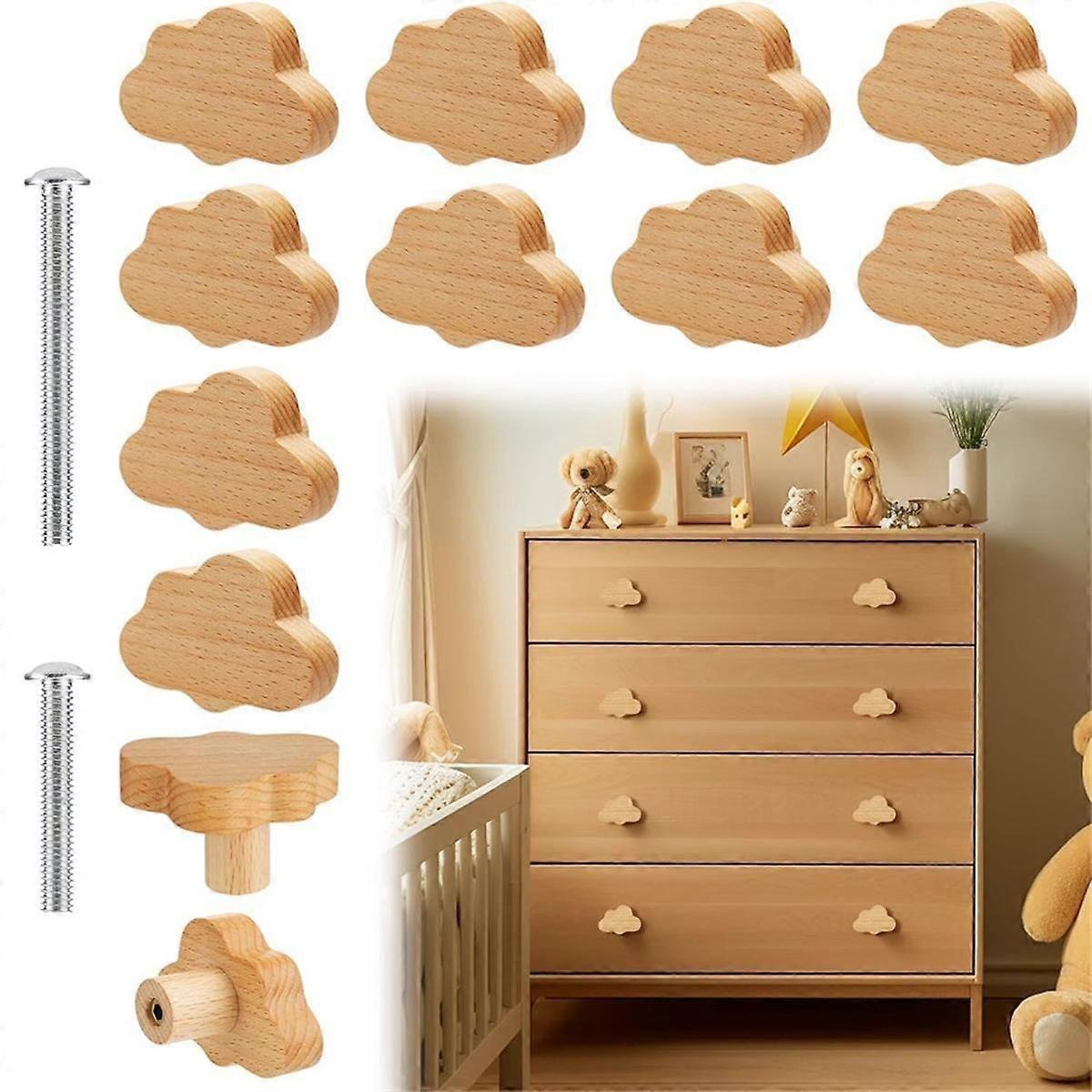 Boho Dresser Knobs- 12 Pack Durable Beech Wood Drawer Knobs Cloud-Shaped Wooden Dresser Pulls for C