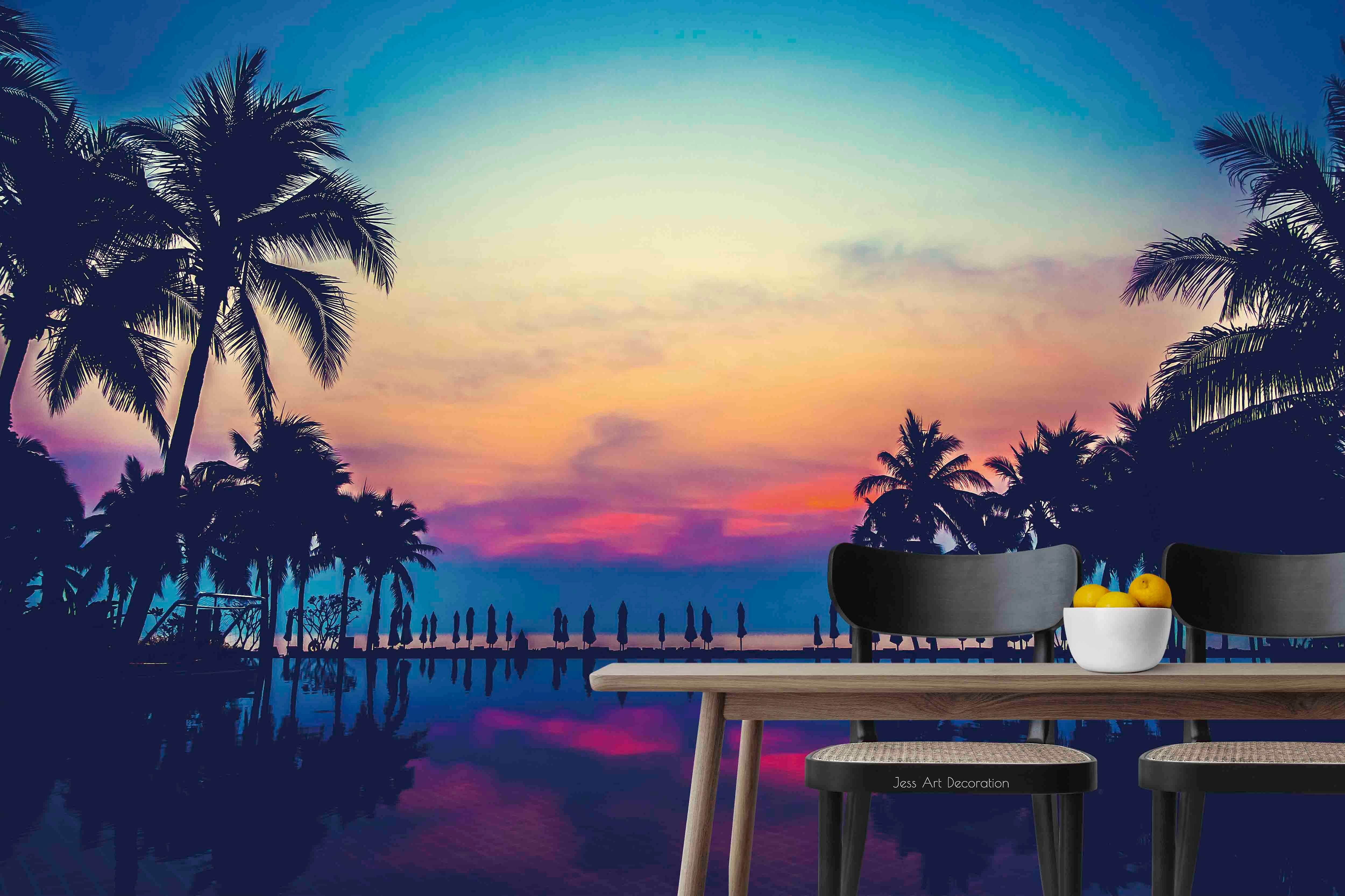 3D椰子树水面红天景观墙壁画壁纸Gd 2954
