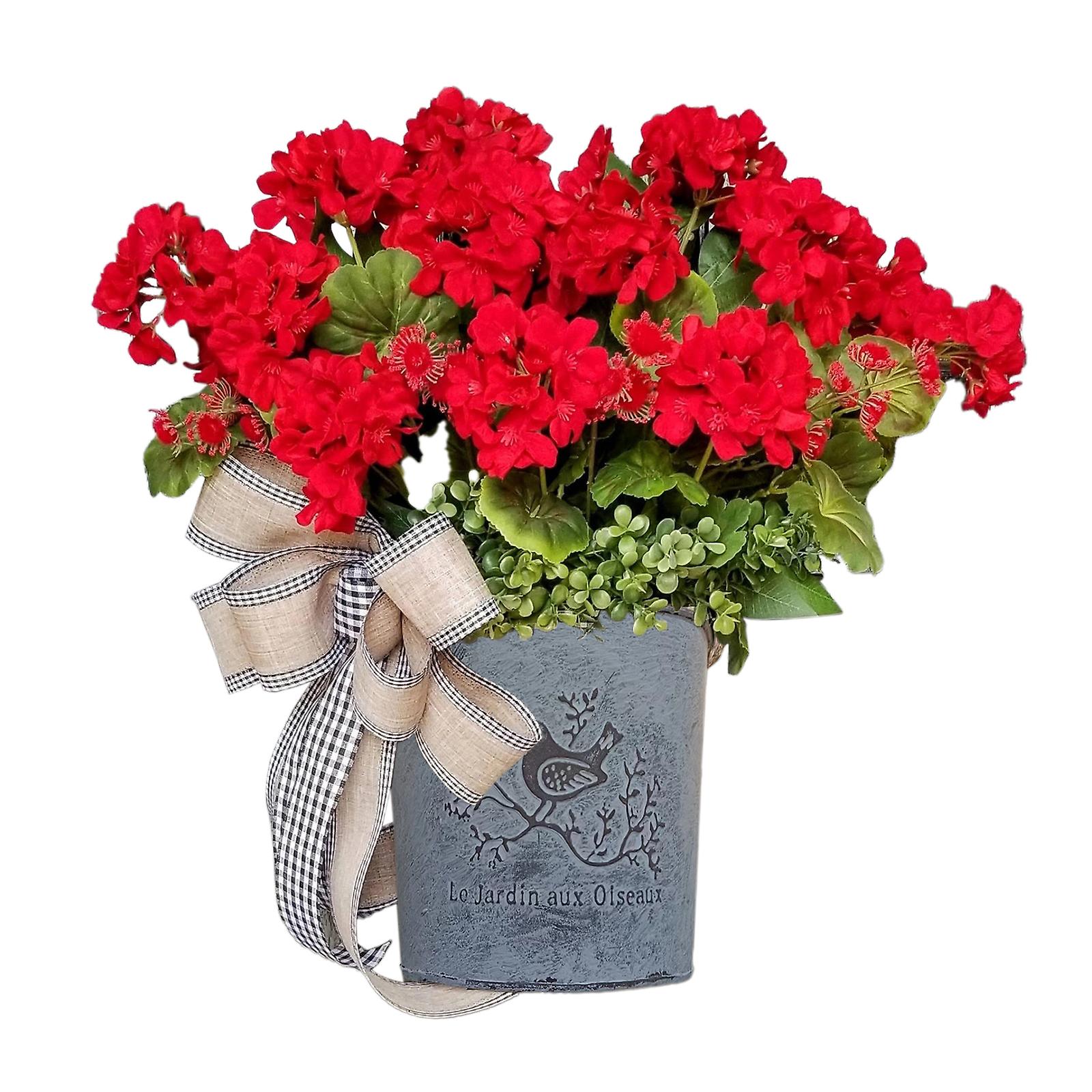 Red Geranium Barrel Wreath Front Door Red Geranium Basket Wreath Black and White Grid Bow Simulation Greenery