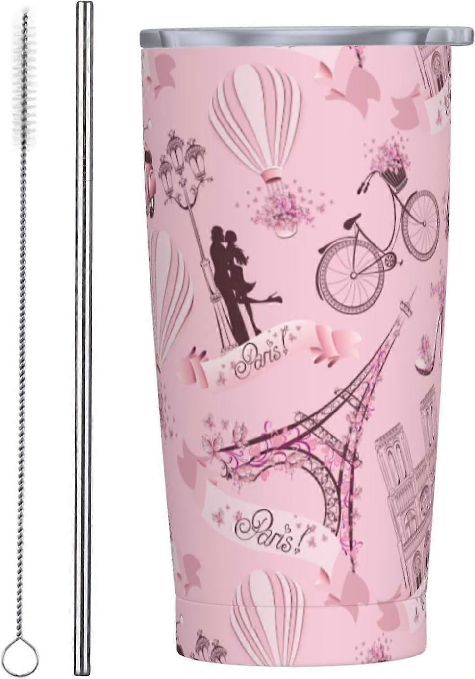 Paris Eiffel Tower 20oz Travel Tumbler With Lid And Straw, Romantic Valentine'S Day Stainless Steel Tumblers Insulated Coffee Cup Mug Gift For Men Wom