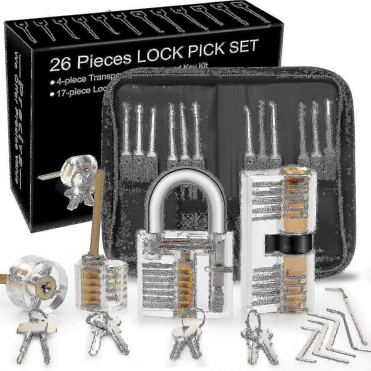 Lock Picking Kit, 26-piece Lock Picking Kit, Practice Tools With 4 Clear Locks For Beginner And Pro Locksmiths (clear)