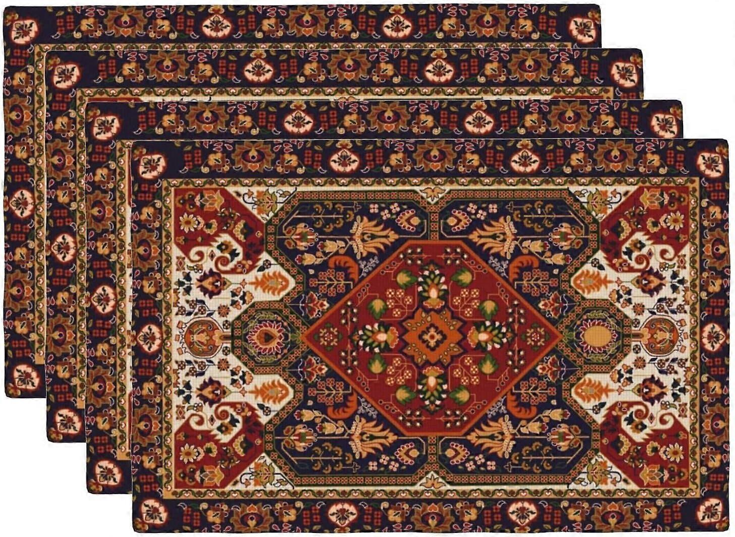 Persian Carpet Design Placemats Set of 4 Tribal Texture Linen Washable Placemat Boho Persian Rust Carpet Kitchen Dining Heat-Resistant Place Mats Desk