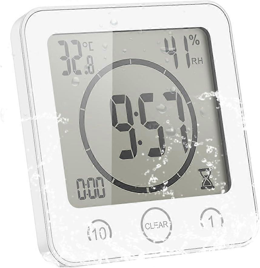 Bathroom Clock, Lcd Digital Alarm With Waterproof Touch Shower Clock, Temperature Humidity, Countdown Timer, 3 Mounting Methods, Battery Powered (Whit